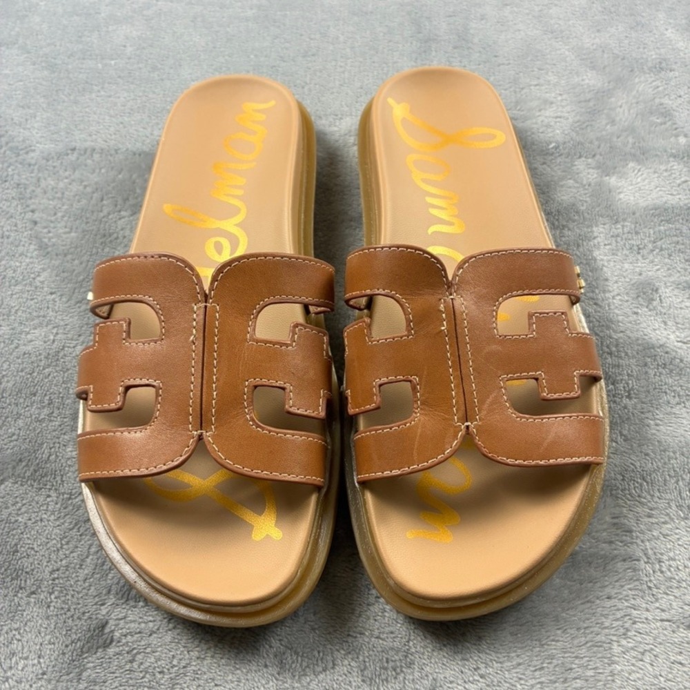 Sam Edelman Valeri Platform Slide Sandals Womens 6M Brown Leather Cutout Logo - Picture 2 of 15